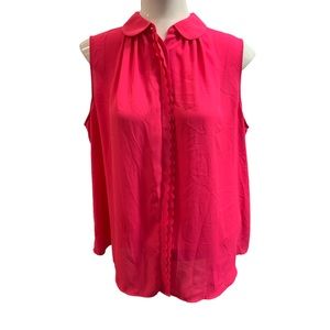 Neon pink scallop button placket button up collar semi sheer sleeveless blouse